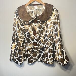 VTG Design Today's Swing Coat Artsy Brown Animal Print Wired Collar Button 1X